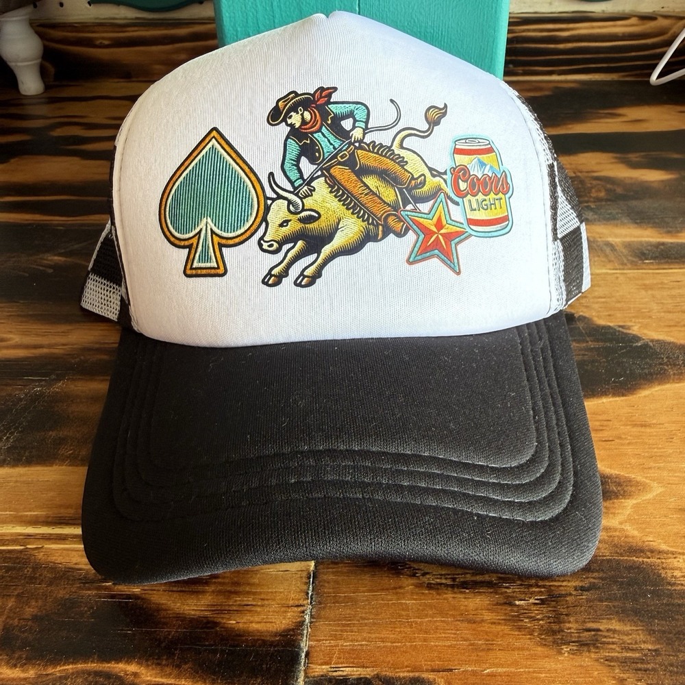 Vintage Style Coors Light Bull Riding‎ Trucker Hat Cowboy Western Spade Snapback
